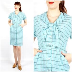 Vintage 1950s Light Blue Plaid Belted Day Dress with Neck Tie by Ann Taylor | M